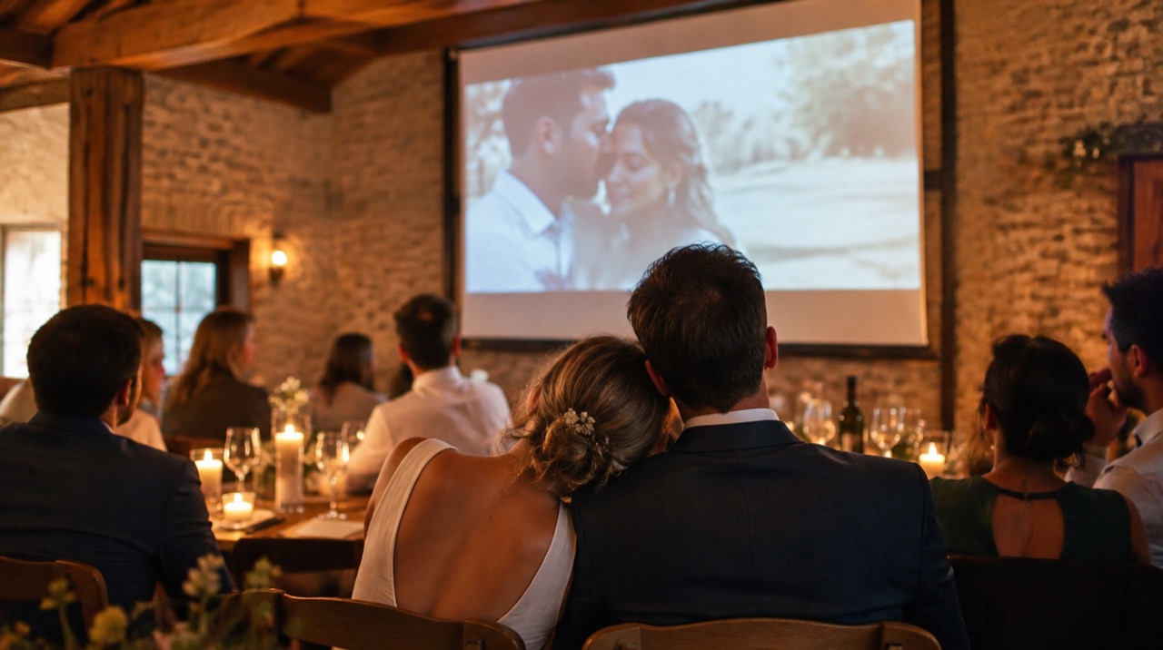 Projection du film de mariage le soir même, les mariés au premier rang